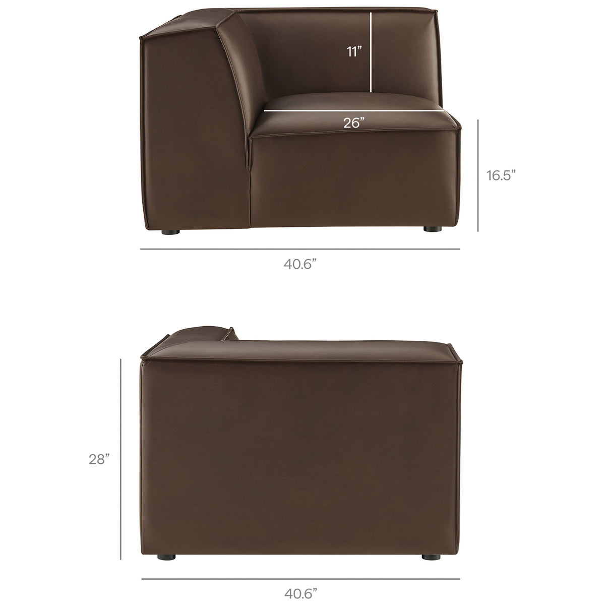 Dimensions of the modular corner chair component, showing generous back and seat measurements || EEI-7414-ESP || dimension_studio
