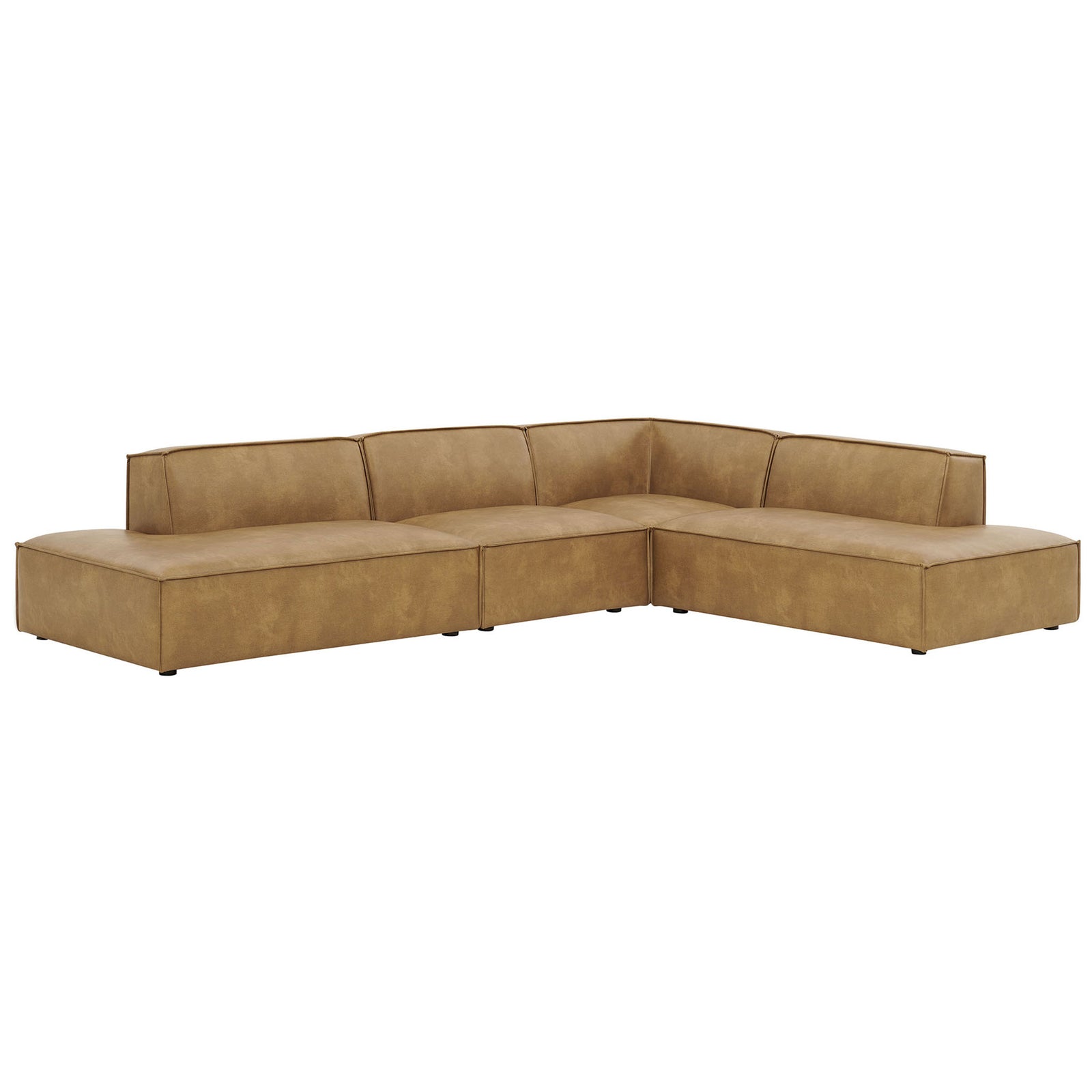 Toast vegan leather L-shaped sectional with low backrests and clean, boxy lines for modern living rooms. || EEI-7414-TST || front_angle_studio