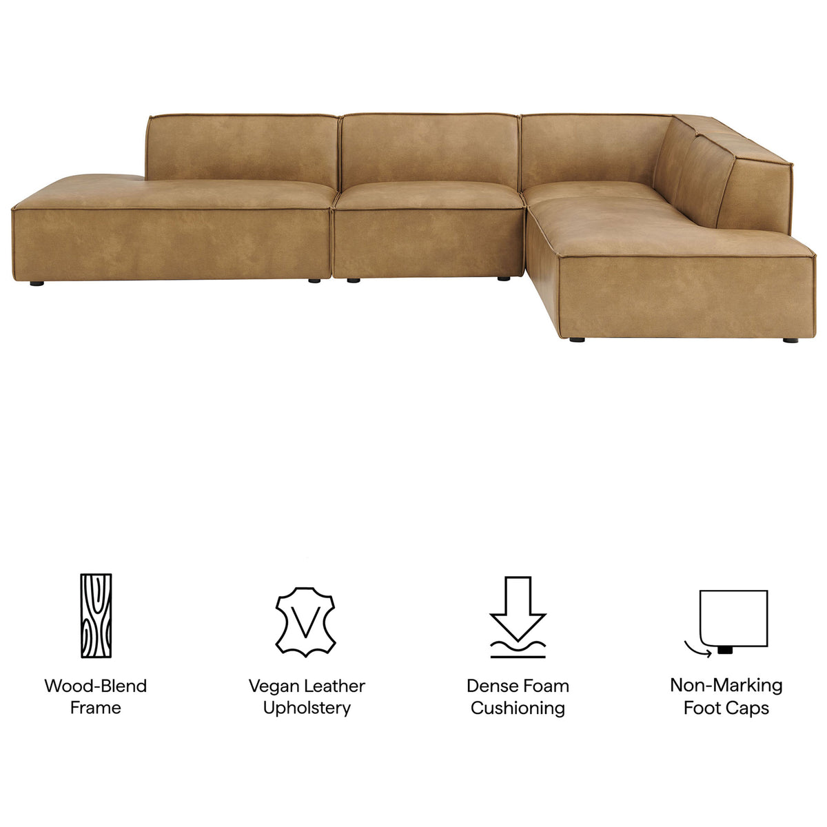 Toast vegan leather modular sectional highlighting its wood-blend frame, plush cushions, and floor-safe feet. || EEI-7414-TST || callout_studio