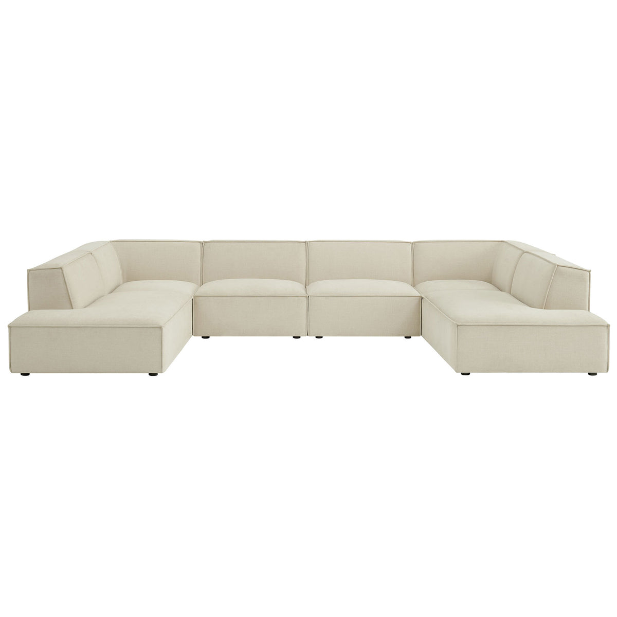 Clean-lined ecru modular sectional sofa showcasing low-profile backs and broad, plush seat cushions. || EEI-7415-ECR || front_studio