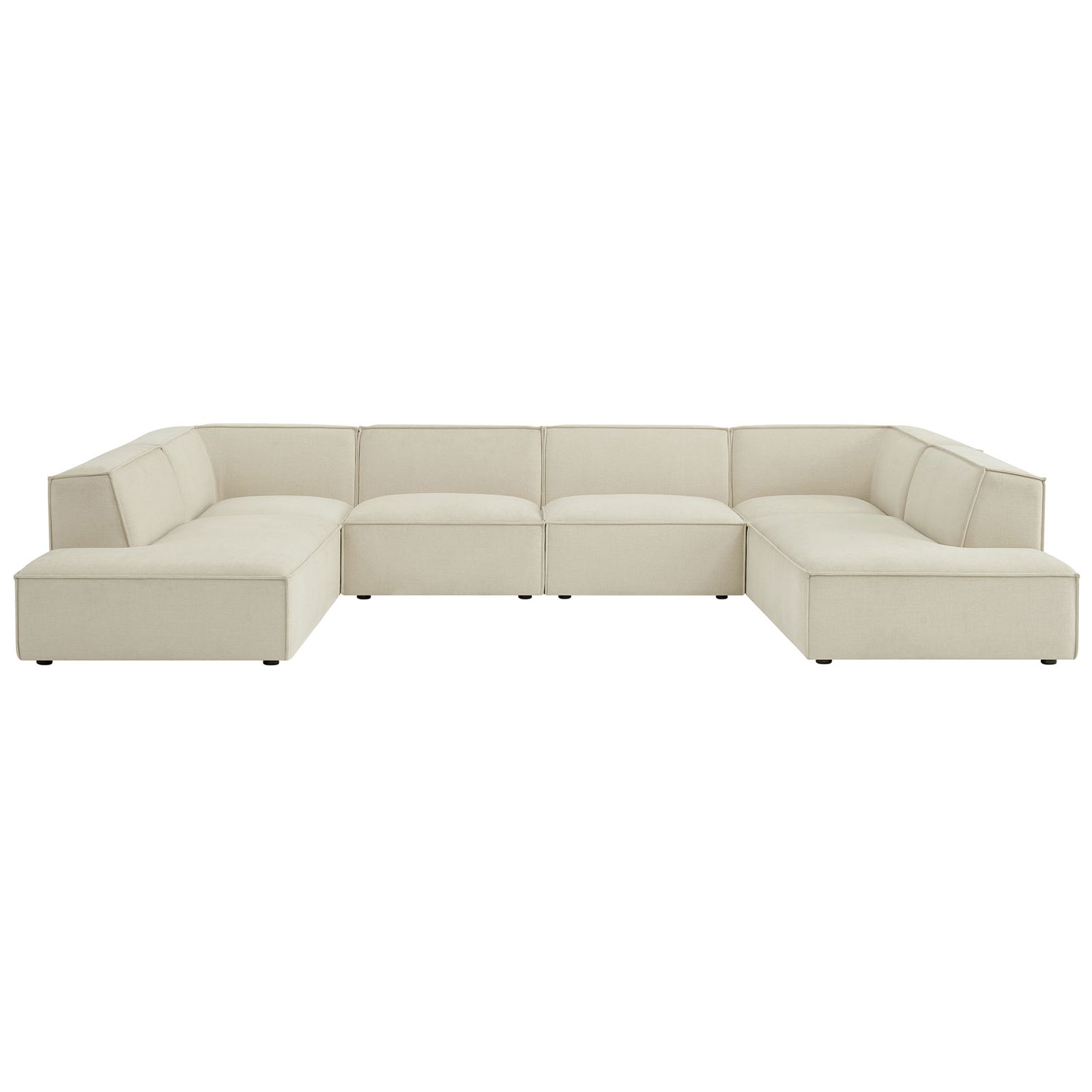 Clean-lined ecru modular sectional sofa showcasing low-profile backs and broad, plush seat cushions. || EEI-7415-ECR || front_studio