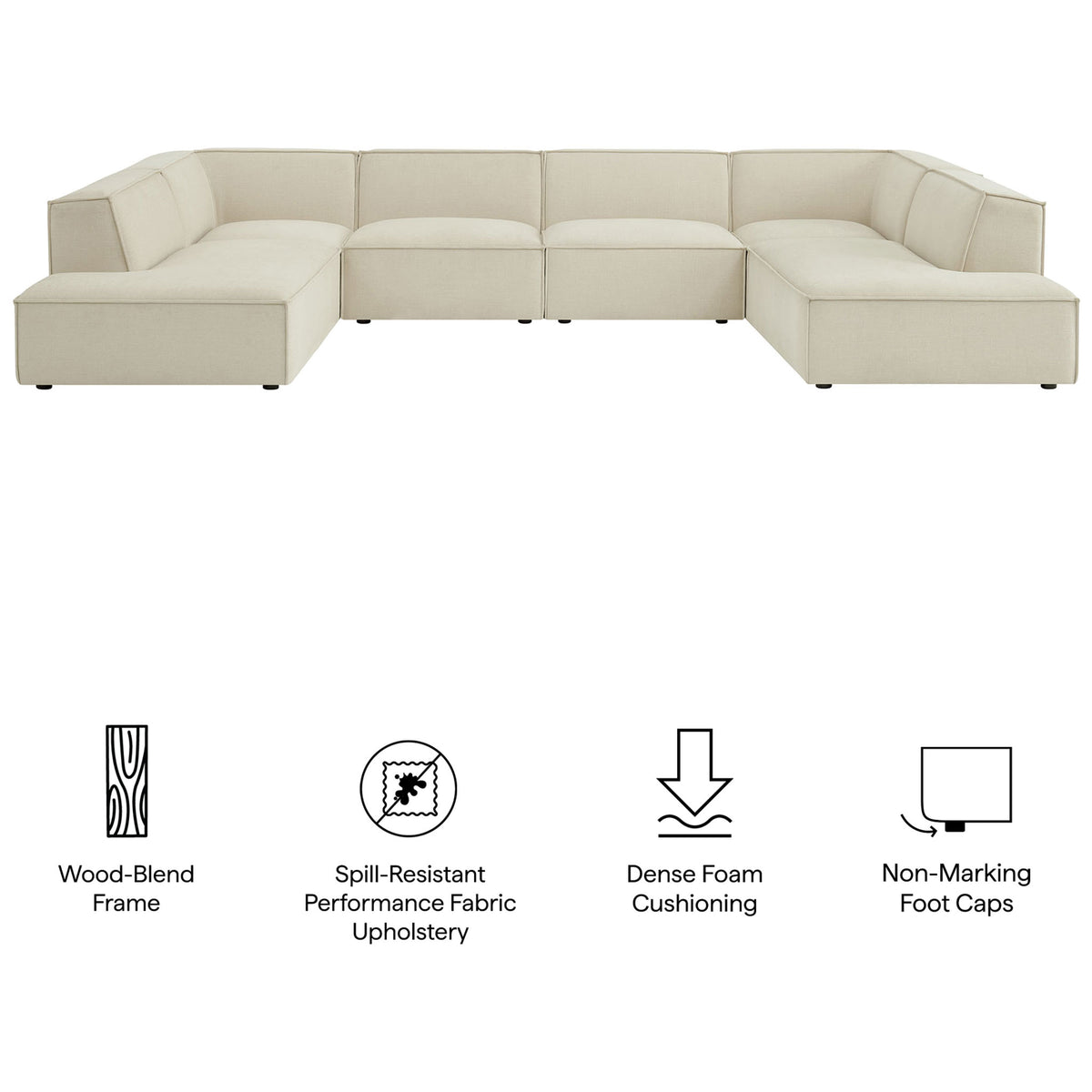 Restore sectional sofa in ecru performance fabric with icons highlighting dense cushioning and durable frame. || EEI-7415-ECR || callout_studio