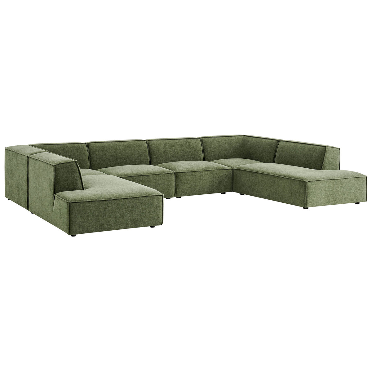 Spacious foliage green Restore sectional offers generous seating and clean, modern lines for family lounging || EEI-7415-FOL || front_angle_studio