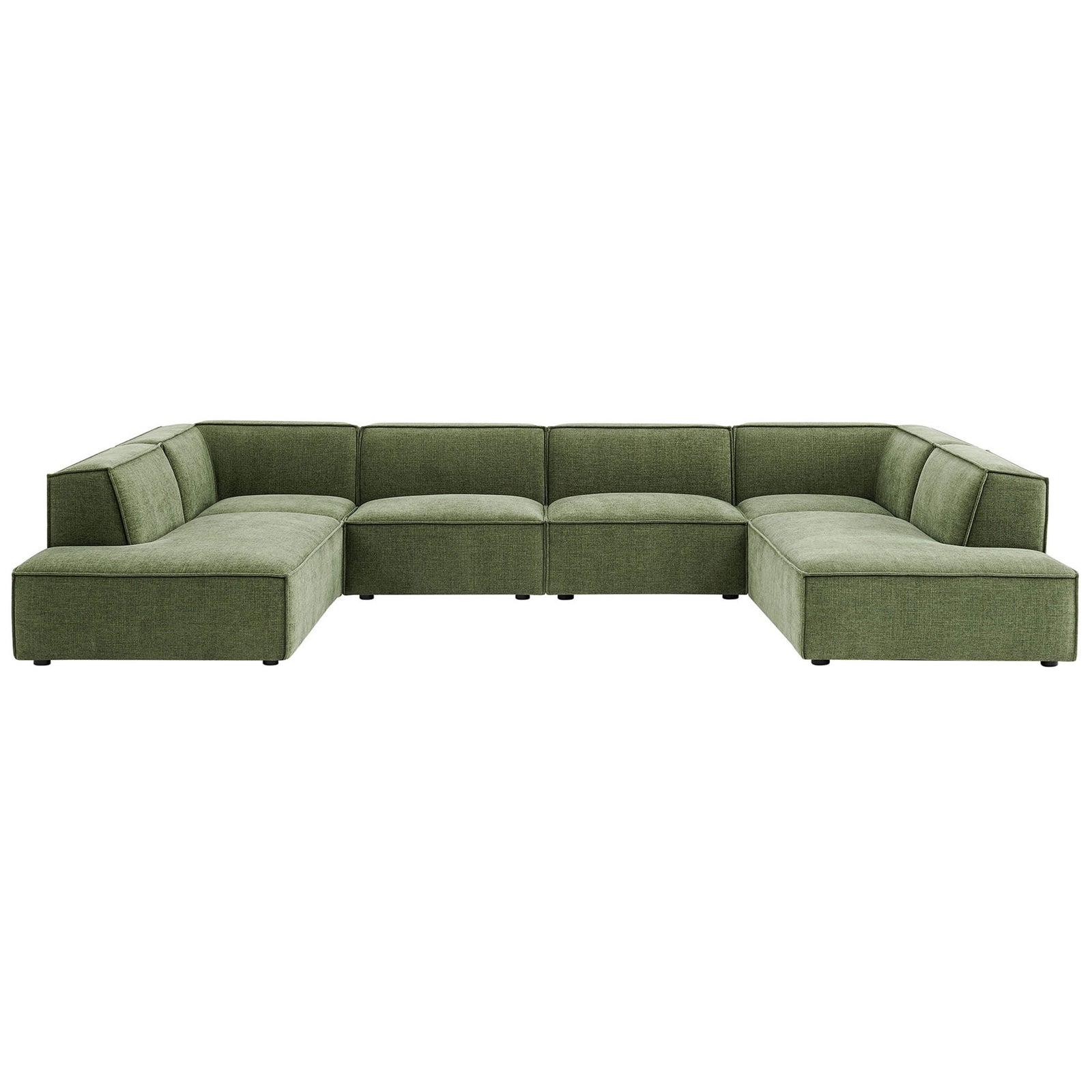 Foliage green U-shaped modular sectional with performance fabric and deep, low-profile seating || EEI-7415-FOL || front_studio