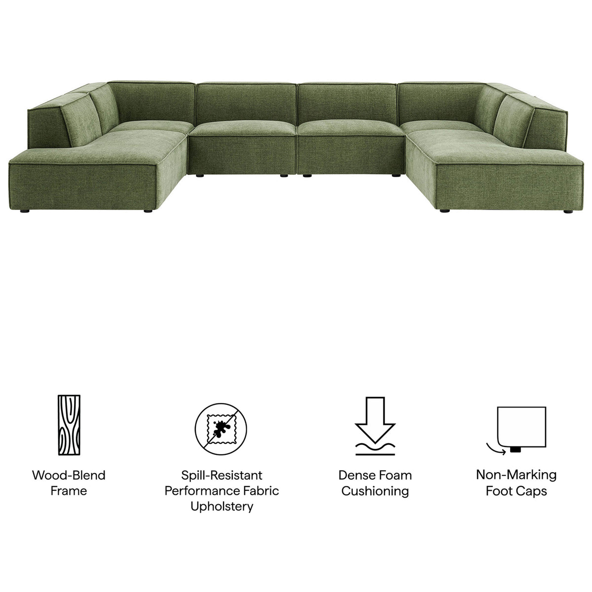 Restore sectional showcases spill-resistant performance fabric, dense cushioning, and protective non-marking foot caps || EEI-7415-FOL || callout_studio