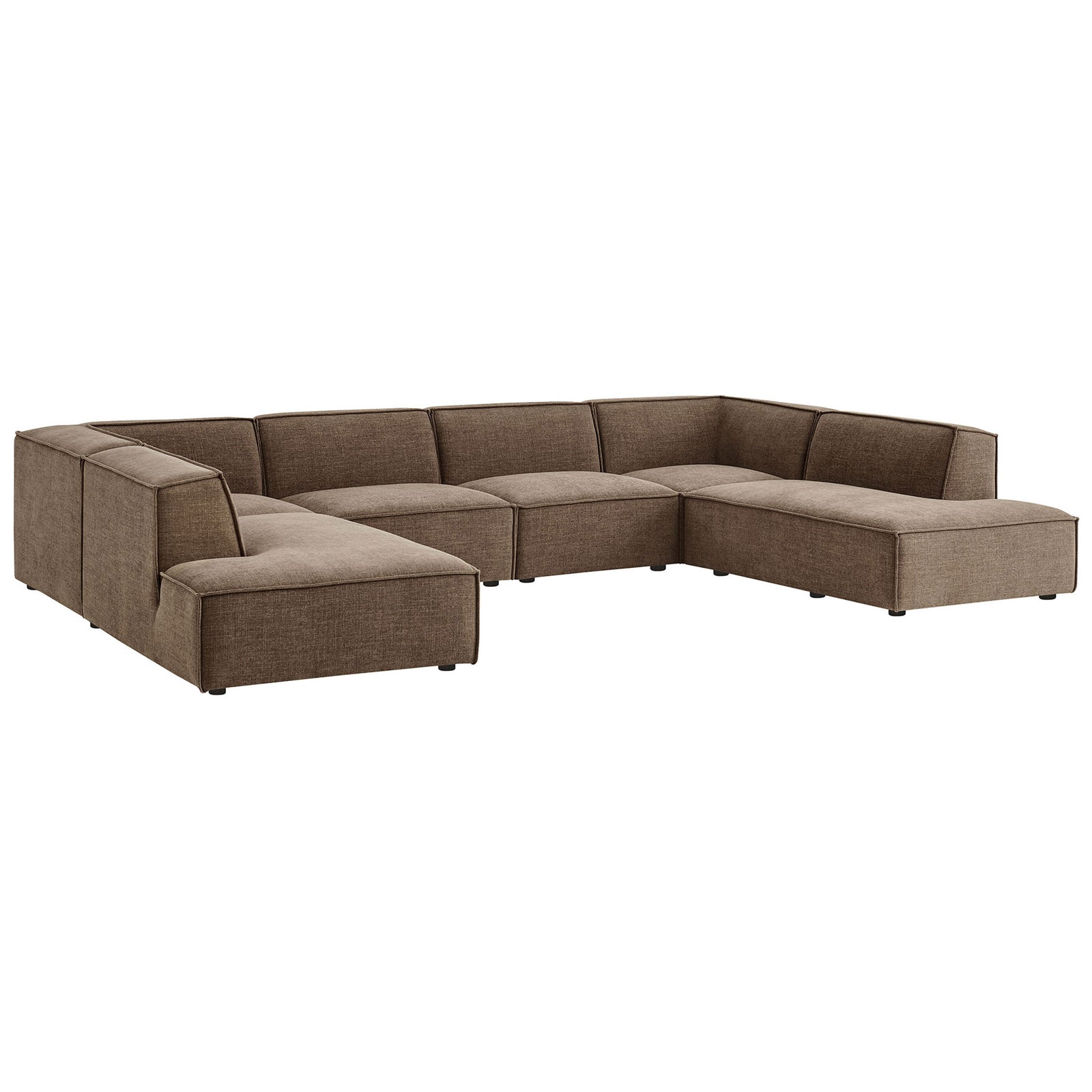 Modular mocha sectional forms a sleek U-shape for versatile lounging. || EEI-7415-MOC || front_angle_studio