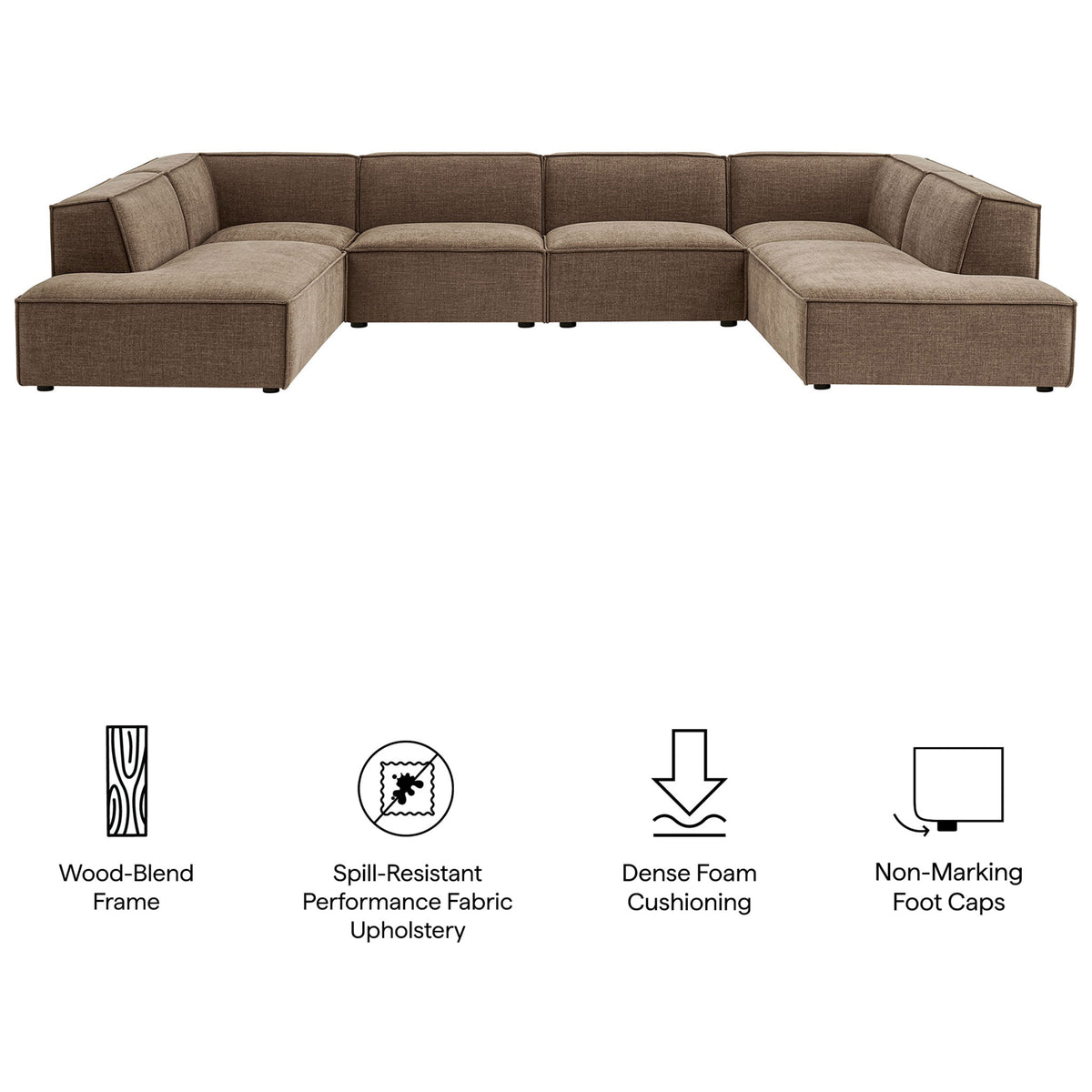 Restore mocha sectional highlighted with icons for durable, spill-resistant comfort. || EEI-7415-MOC || callout_studio