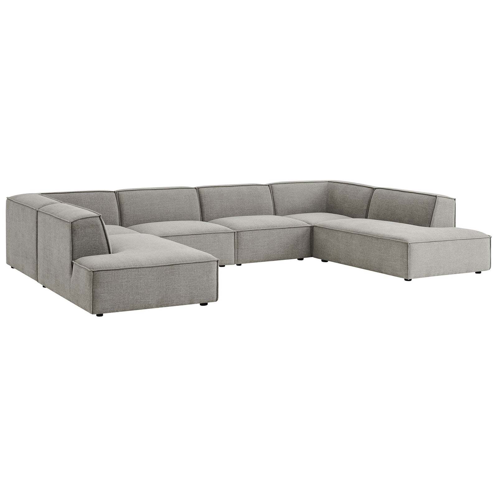 Spacious pewter U-shaped modular sectional with plush cushions and low-profile backrests || EEI-7415-PEW || front_angle_studio