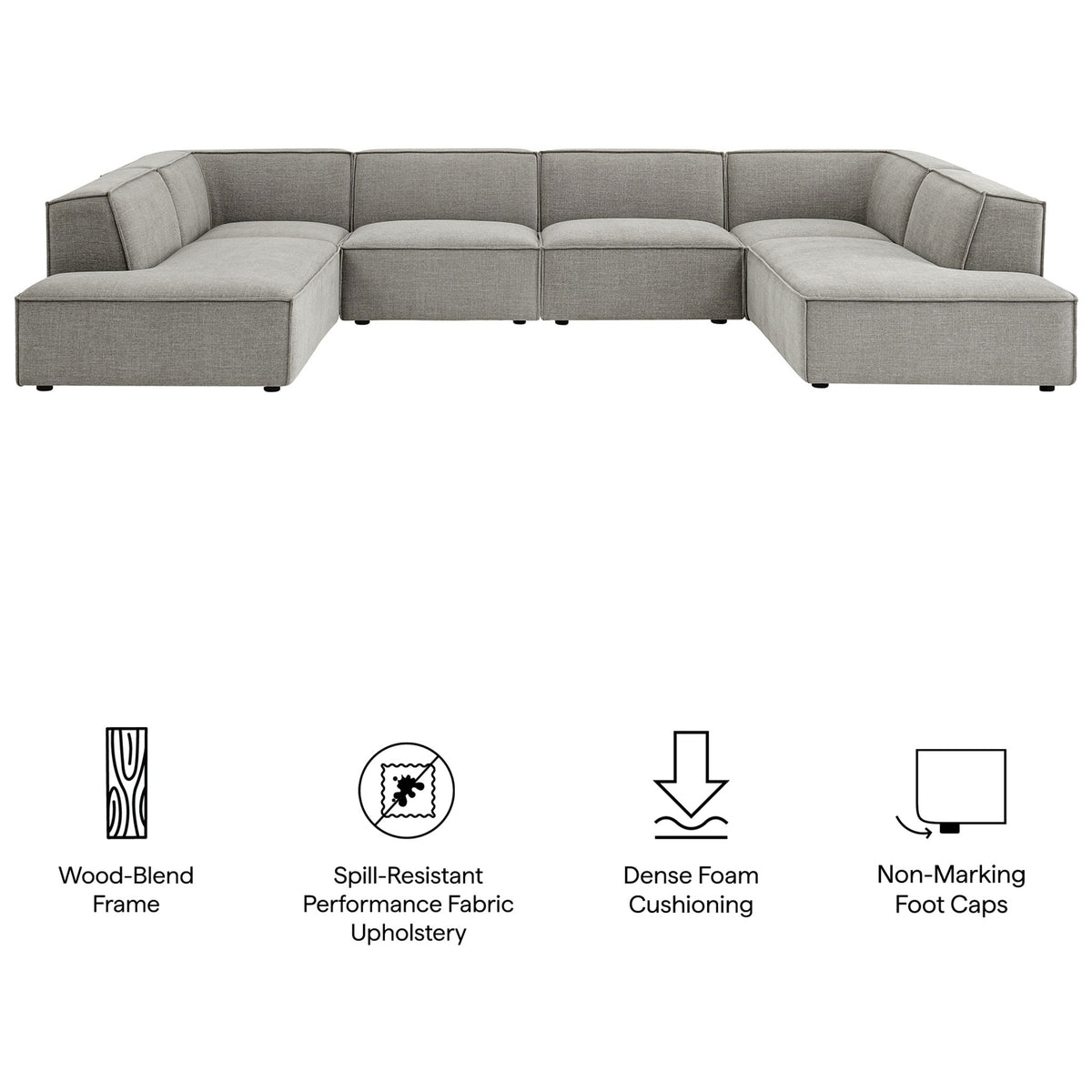 Restore U-shaped sectional with icons highlighting performance fabric, dense foam cushions, and sturdy frame || EEI-7415-PEW || callout_studio