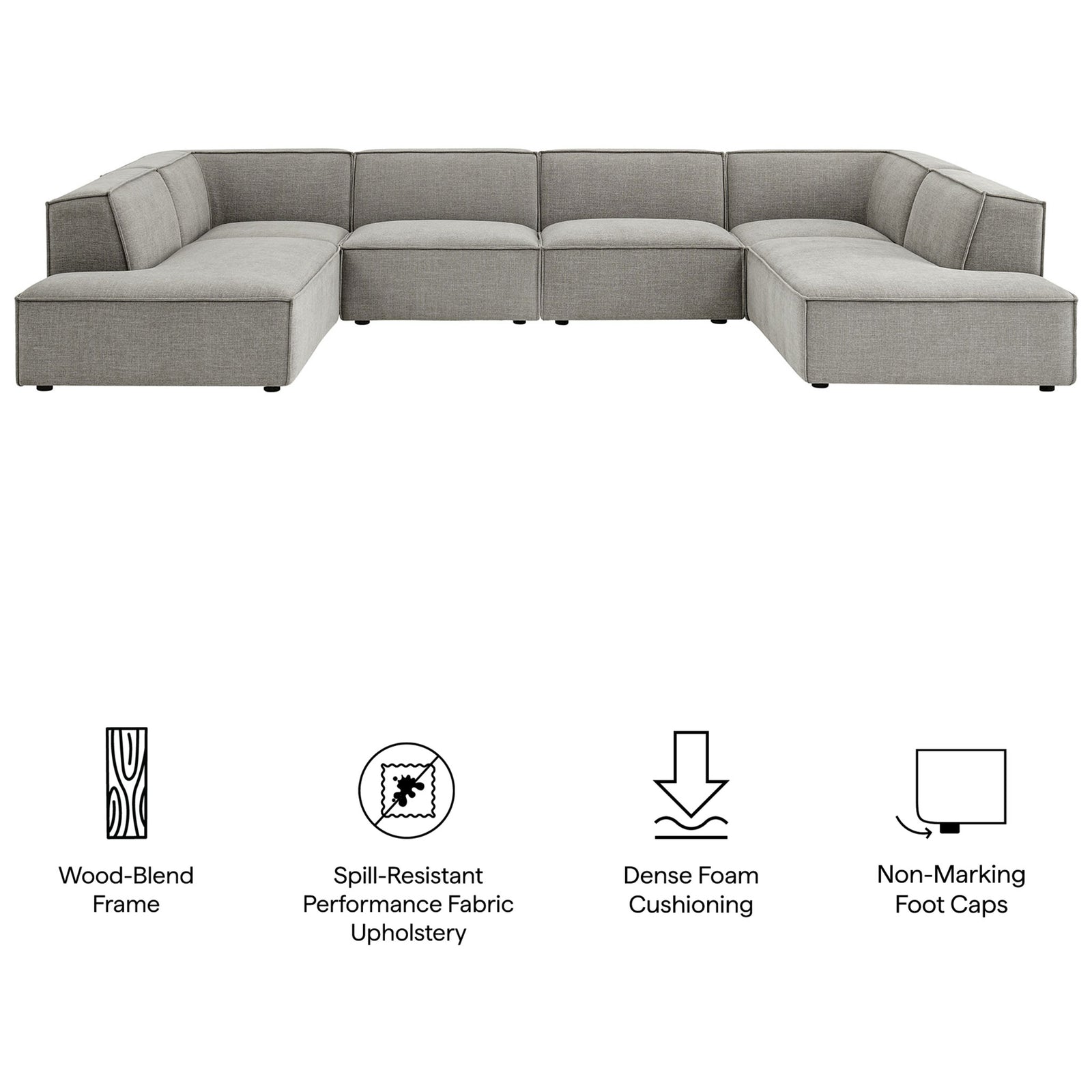 Restore U-shaped sectional with icons highlighting performance fabric, dense foam cushions, and sturdy frame || EEI-7415-PEW || callout_studio