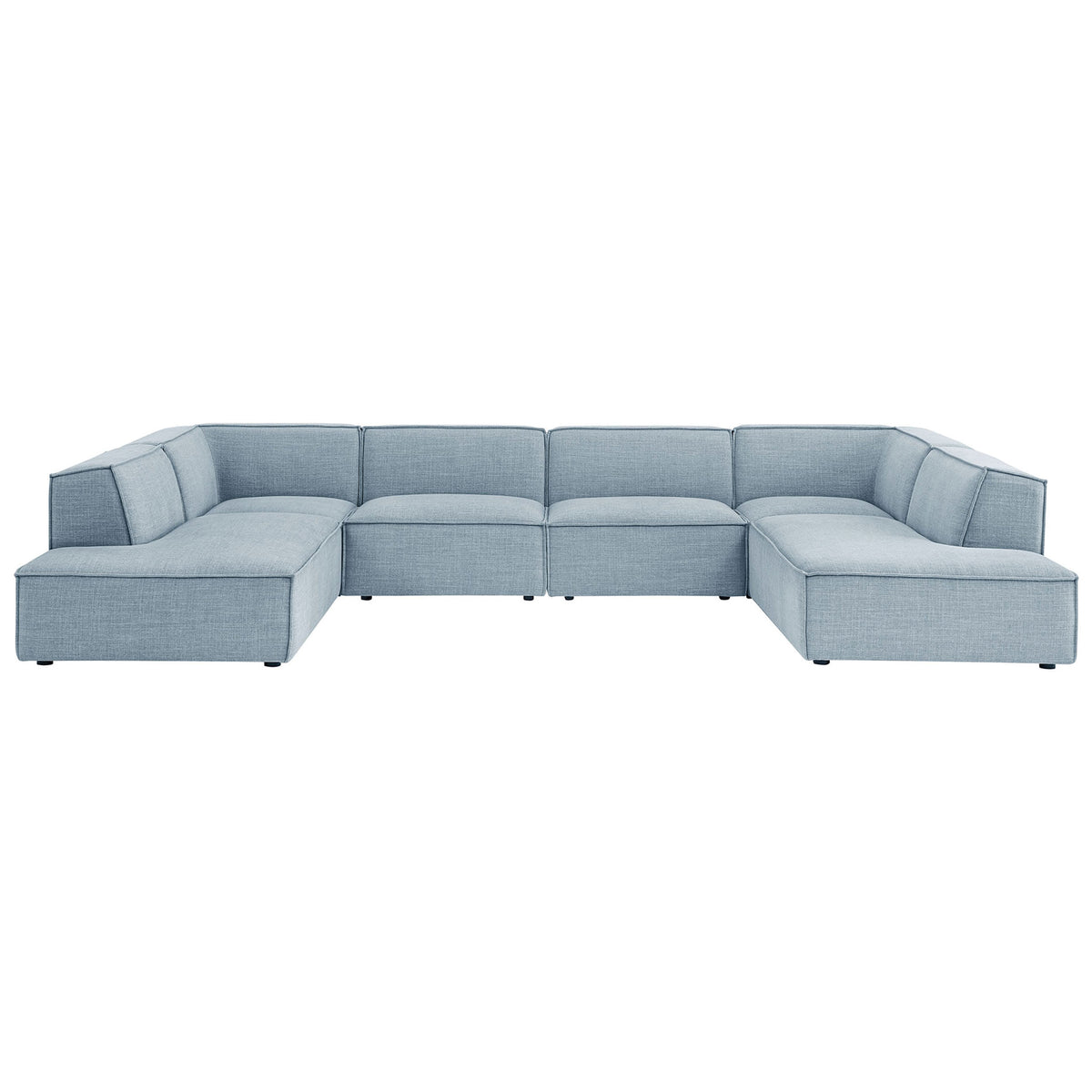 Sky blue U-shaped sectional sofa offering deep cushioned seating and clean, modern lines for relaxed lounging || EEI-7415-SKY || front_studio