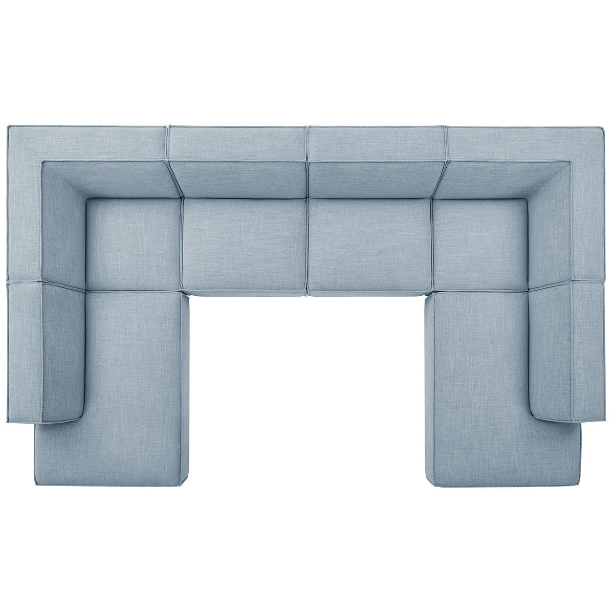 Modular sectional arranged in a U-shaped layout with generous chaise lounges and broad, seamless seat cushions || EEI-7415-SKY || top_studio