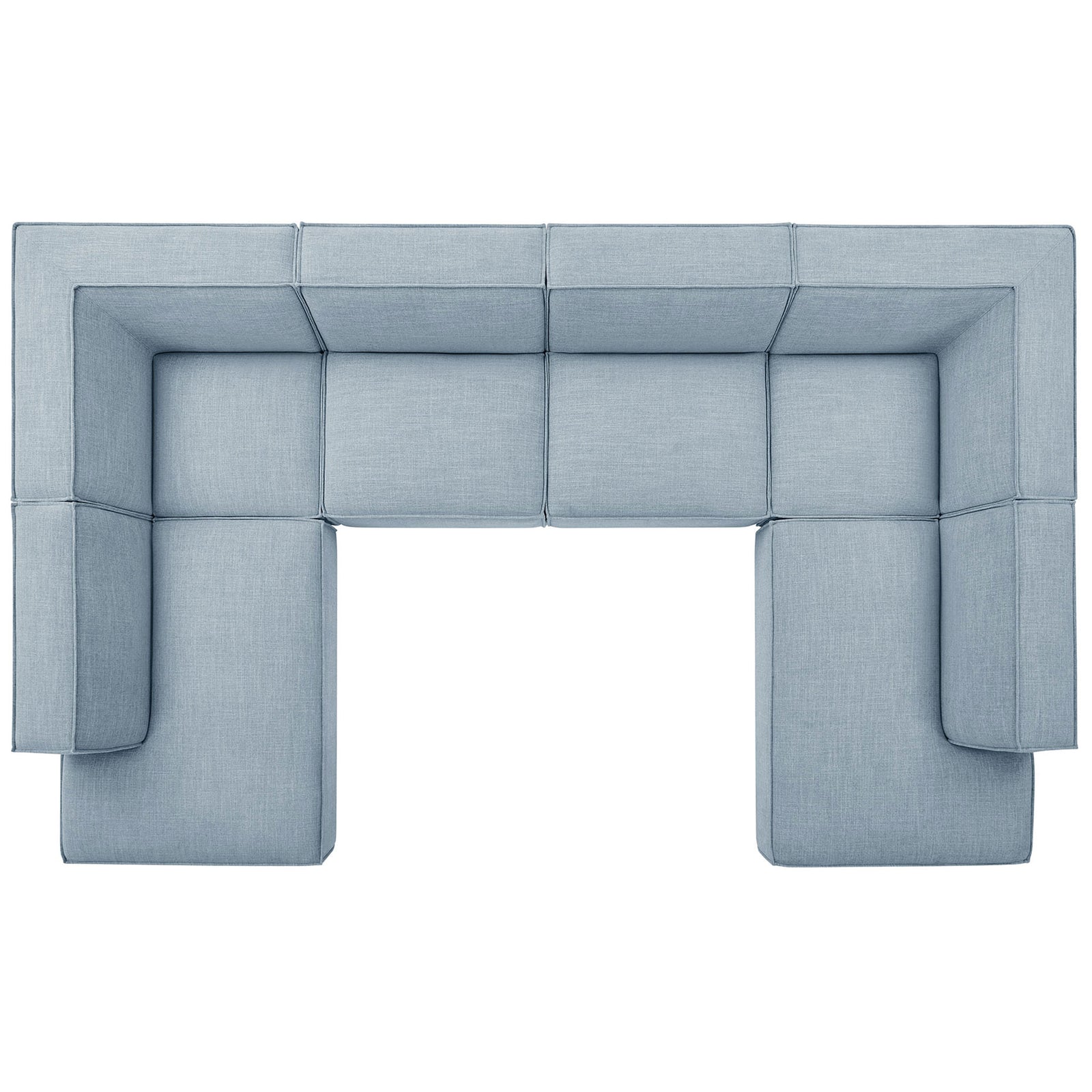 Modular sectional arranged in a U-shaped layout with generous chaise lounges and broad, seamless seat cushions || EEI-7415-SKY || top_studio