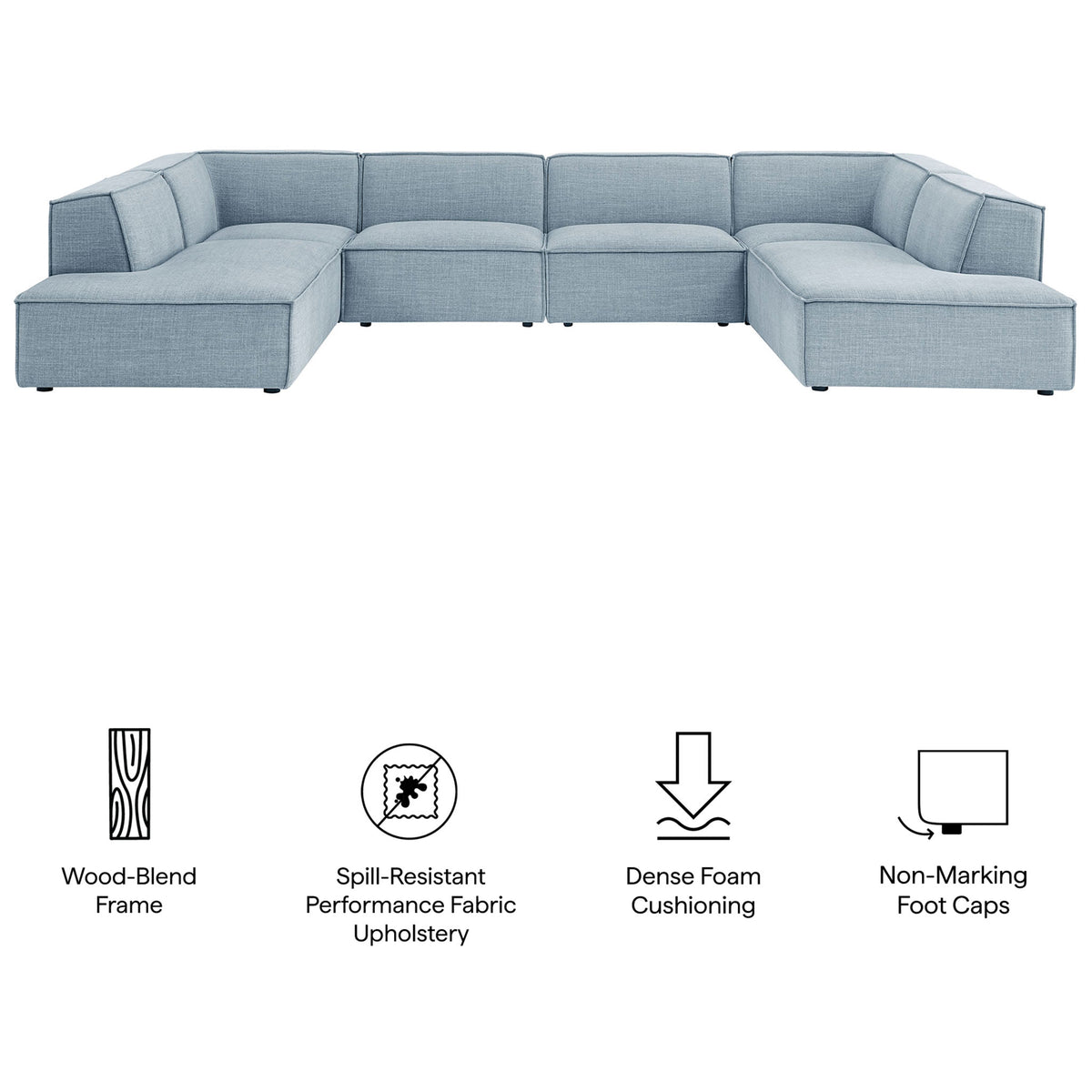 Restore performance fabric sectional with icons highlighting wood-blend frame, dense foam cushions, and non-marking feet || EEI-7415-SKY || callout_studio