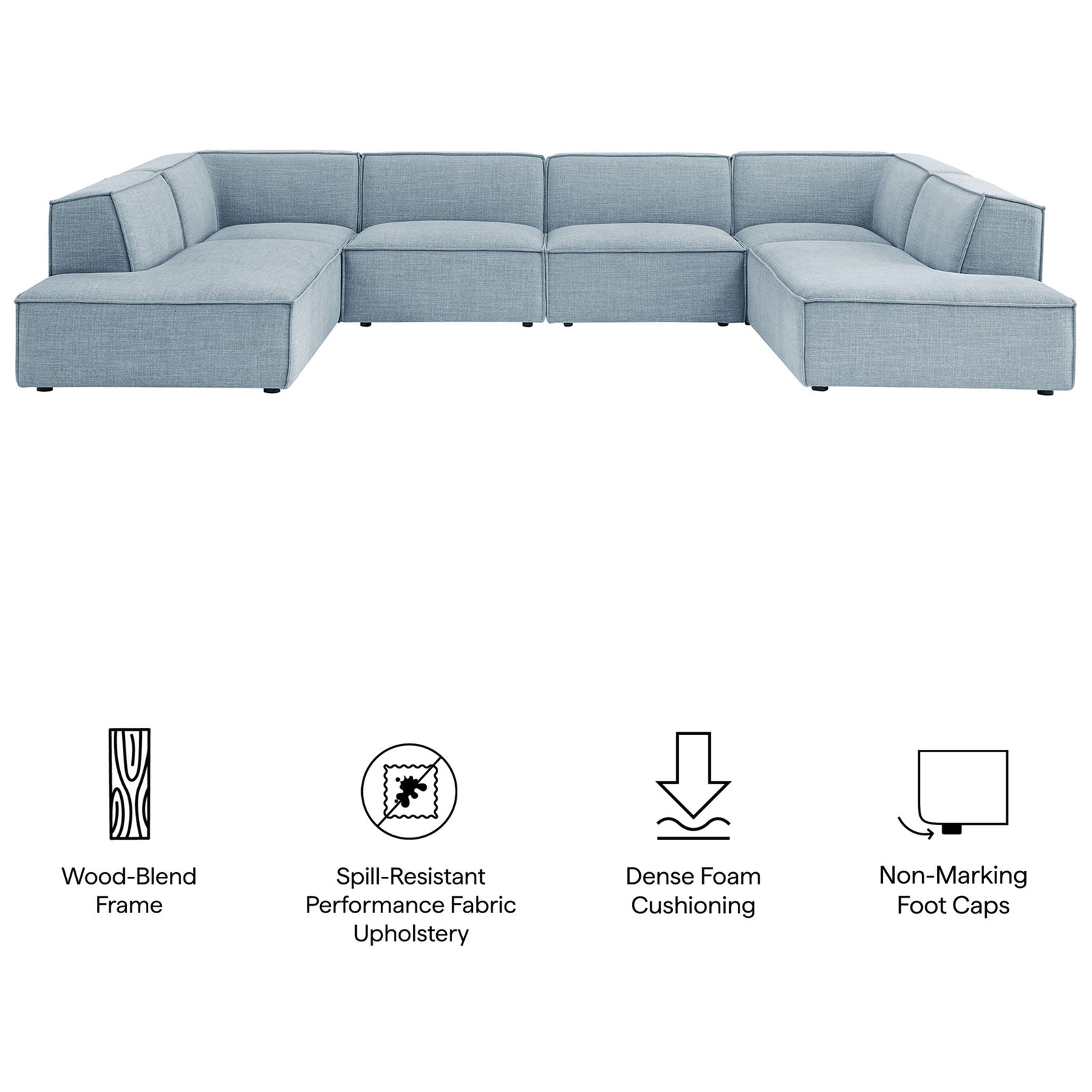 Restore performance fabric sectional with icons highlighting wood-blend frame, dense foam cushions, and non-marking feet || EEI-7415-SKY || callout_studio