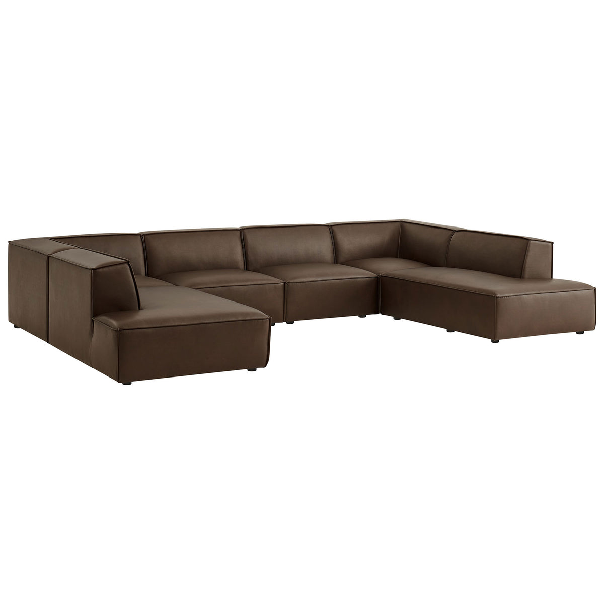 Espresso vegan leather U-shaped sectional with wide armless chaises and clean, low-profile cushions || EEI-7416-ESP || front_angle_studio
