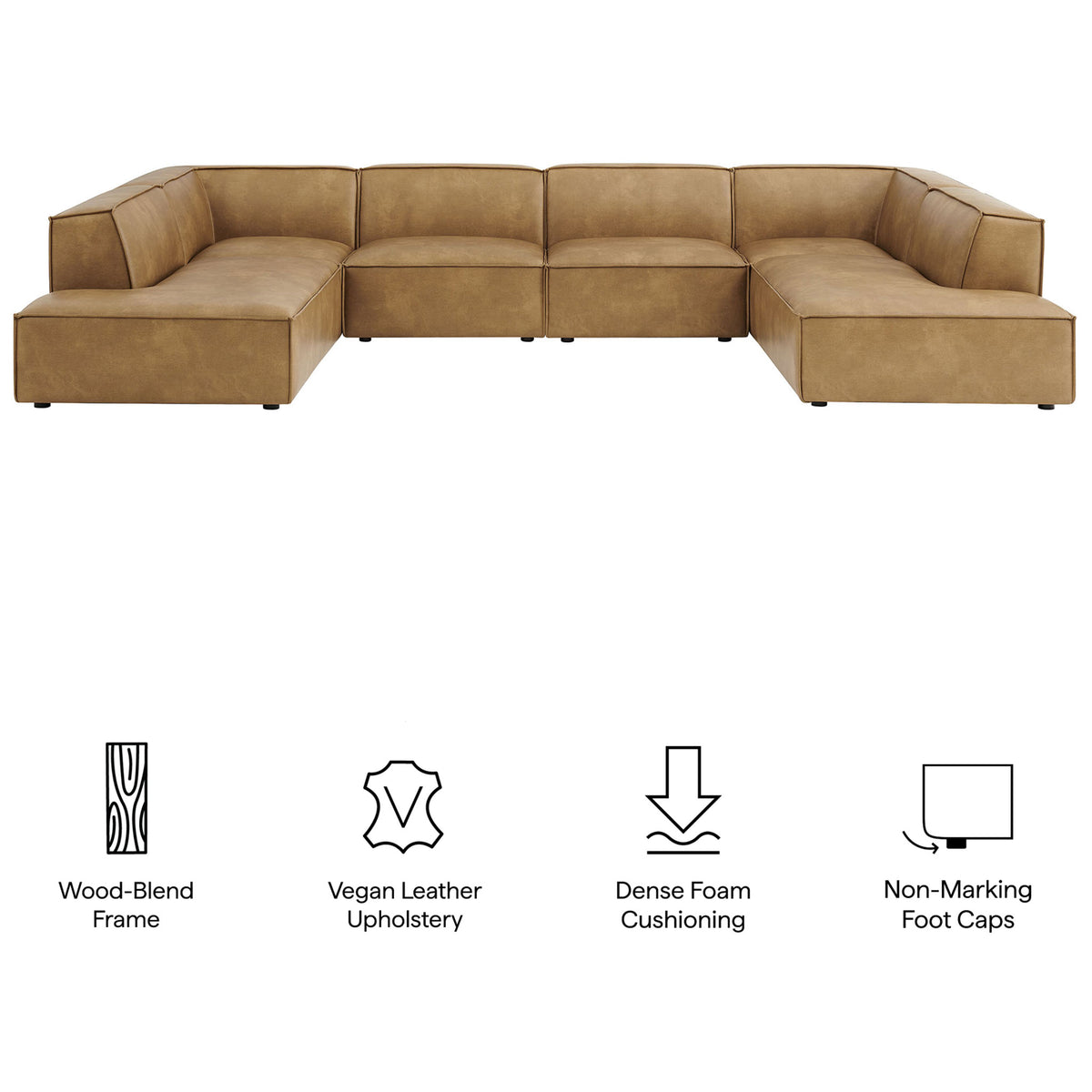 Toast vegan leather modular sectional with icons highlighting frame, cushioning, and foot caps || EEI-7416-TST || callout_studio