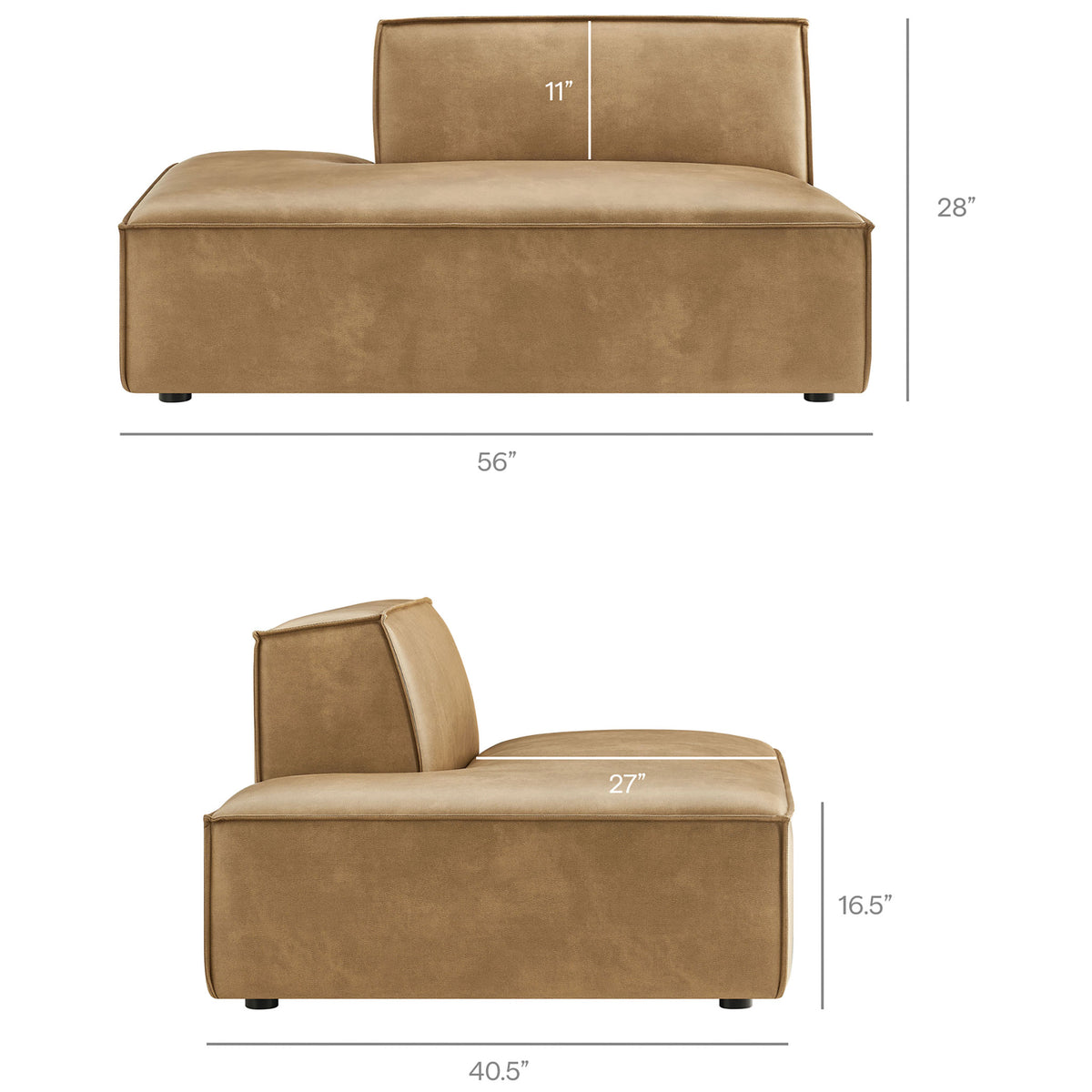 Dimension diagram of the chaise module showing labeled height, depth, width, and length || EEI-7416-TST || dimension_studio