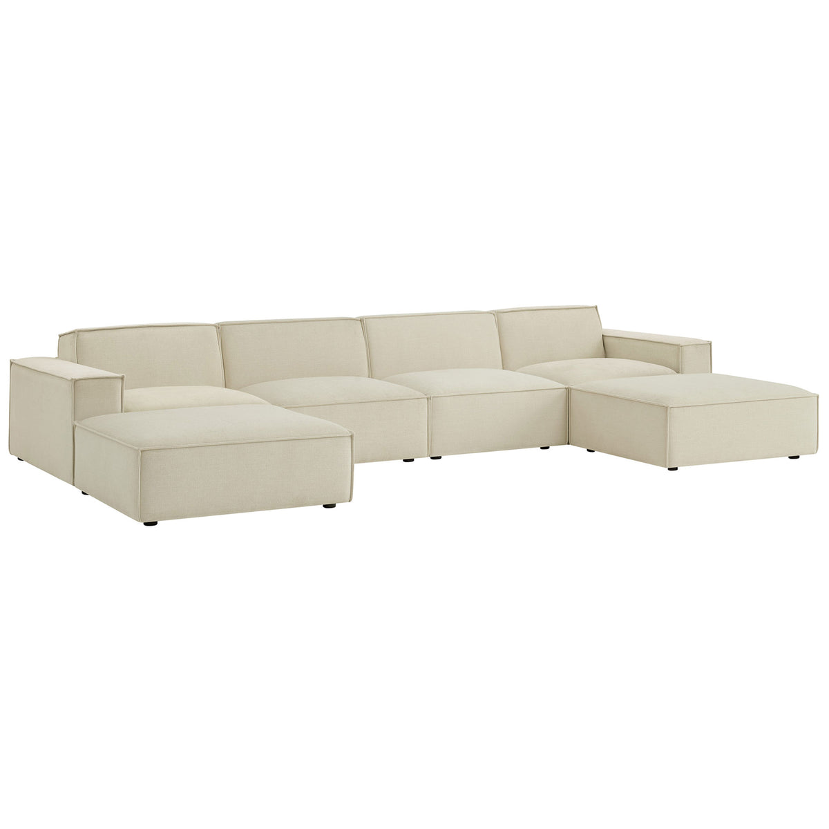 Spill-resistant ecru modular sectional with wide track arms, deep seats, and two matching ottomans || EEI-7417-ECR || front_angle_studio