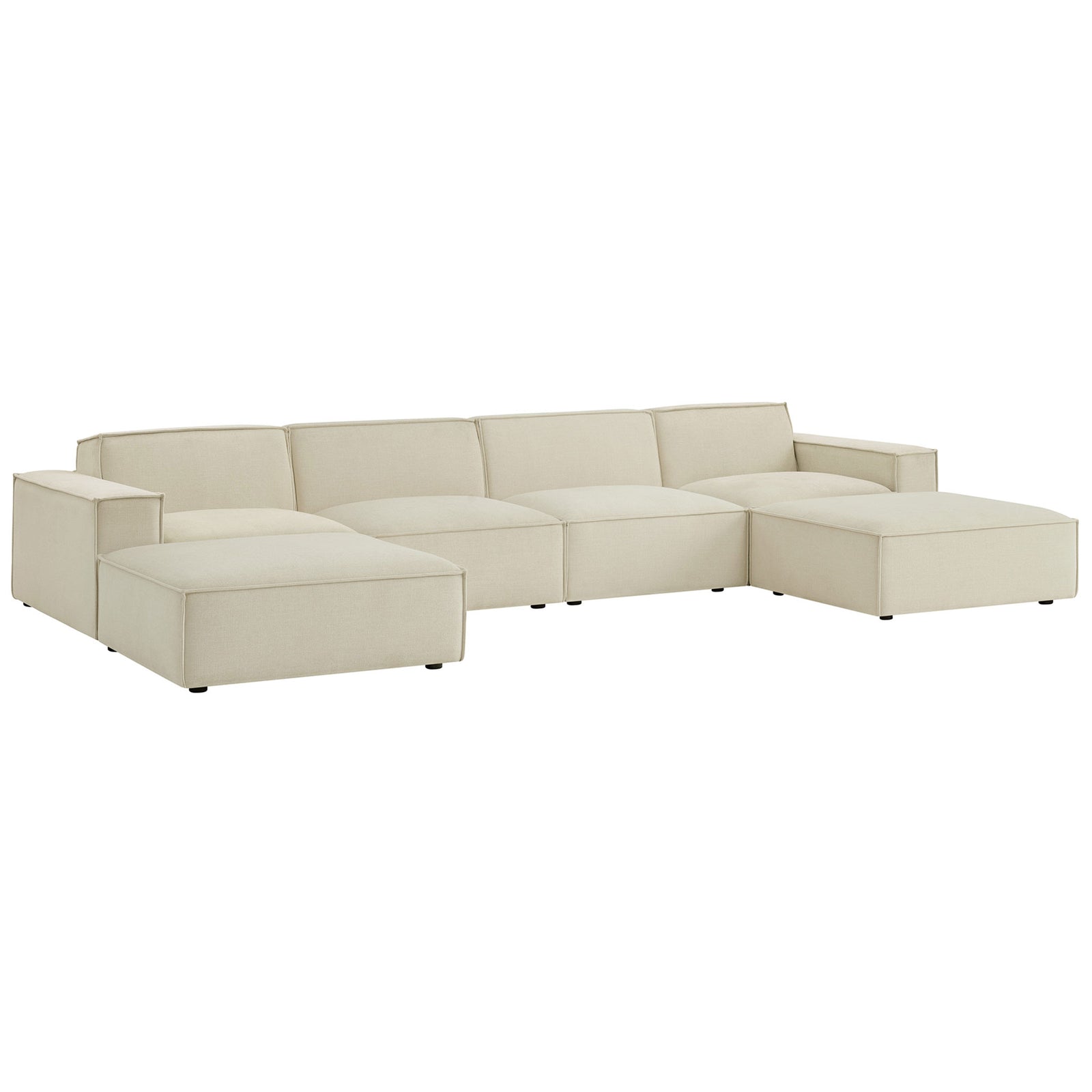 Spill-resistant ecru modular sectional with wide track arms, deep seats, and two matching ottomans || EEI-7417-ECR || front_angle_studio