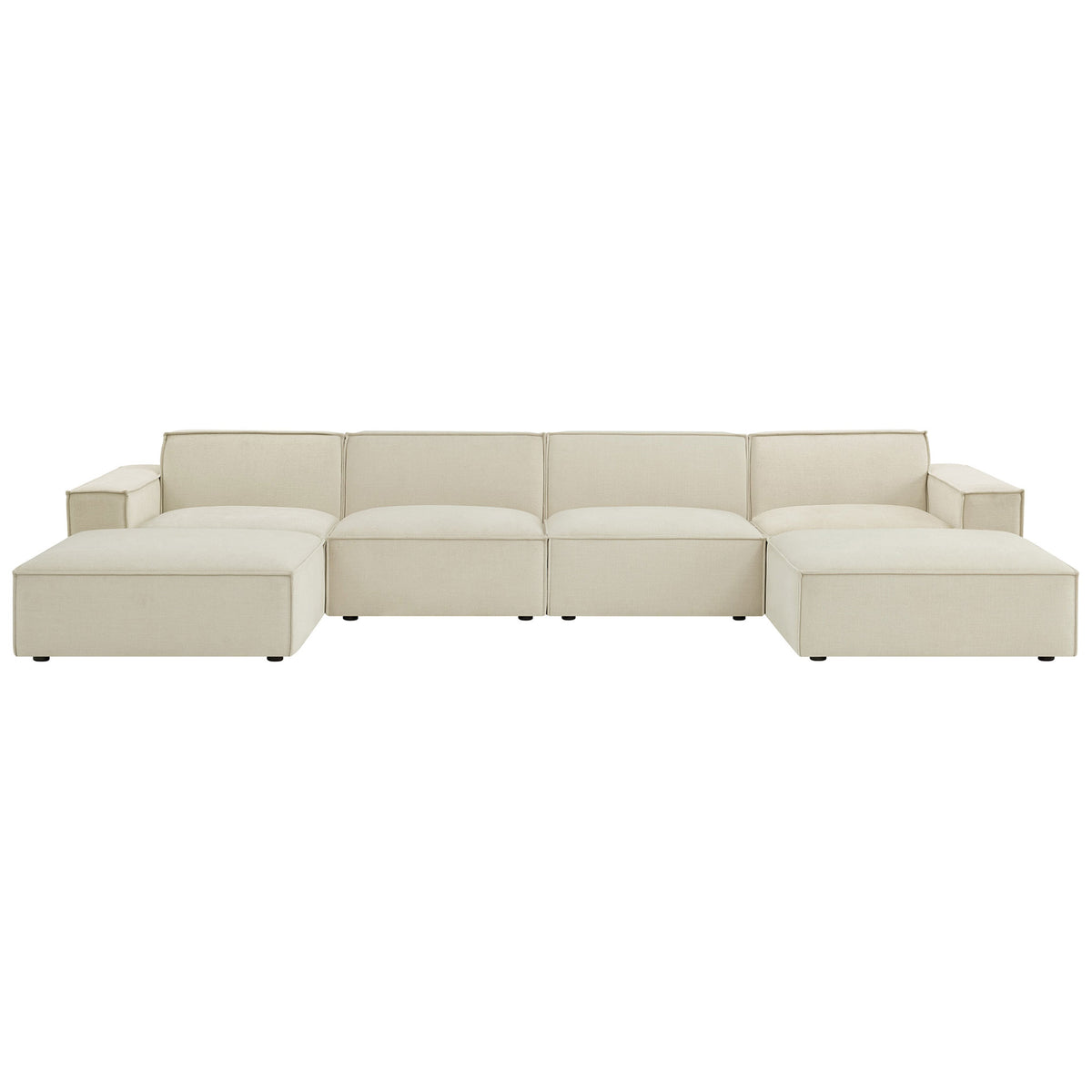 Ecru modular six-piece sectional sofa with low-profile lines and dual ottomans for flexible lounging || EEI-7417-ECR || front_studio