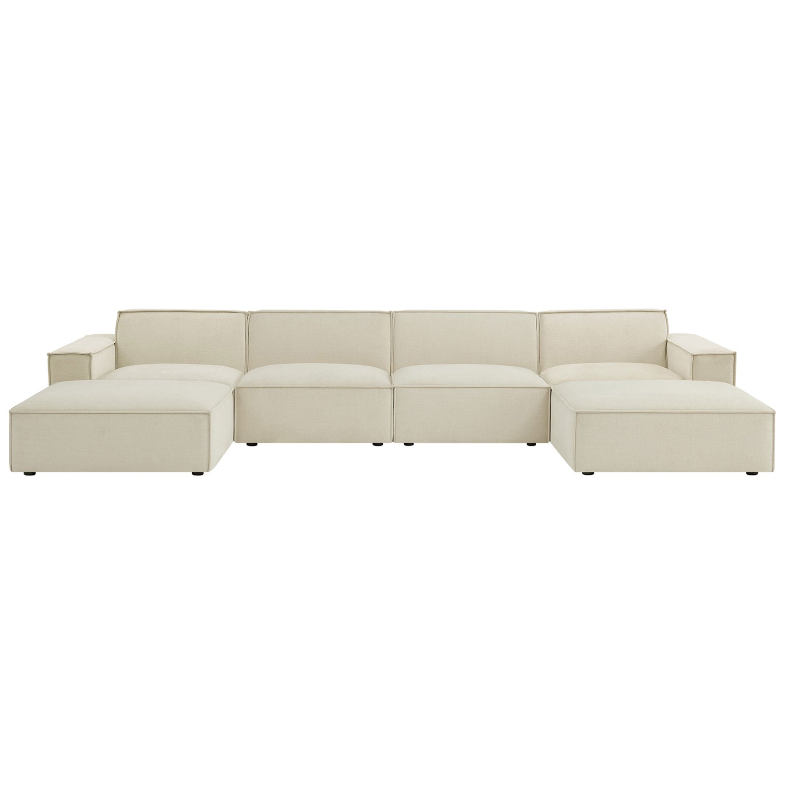 Ecru modular six-piece sectional sofa with low-profile lines and dual ottomans for flexible lounging || EEI-7417-ECR || front_studio