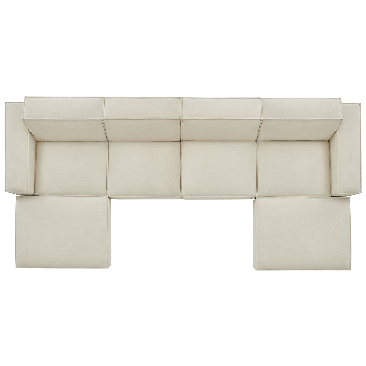 Top-down view of the ecru modular sectional showcasing generous cushions and spacious lounging surface || EEI-7417-ECR || top_studio