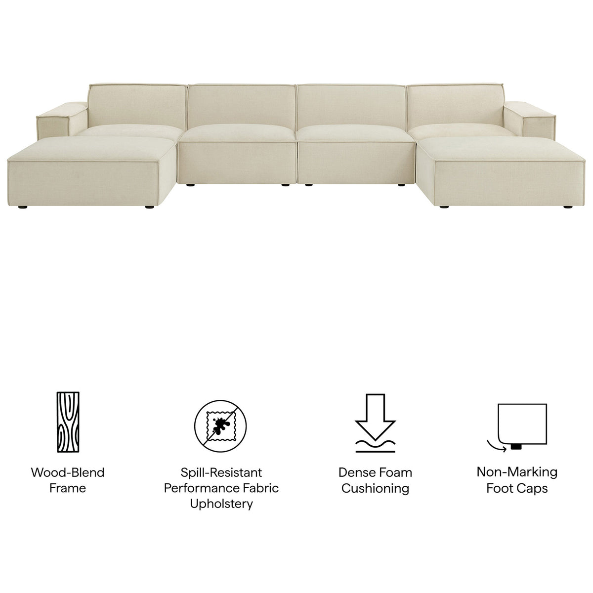 Ecru modular sectional with performance fabric, dense foam cushions, wood-blend frame, and non-marking foot caps || EEI-7417-ECR || callout_studio
