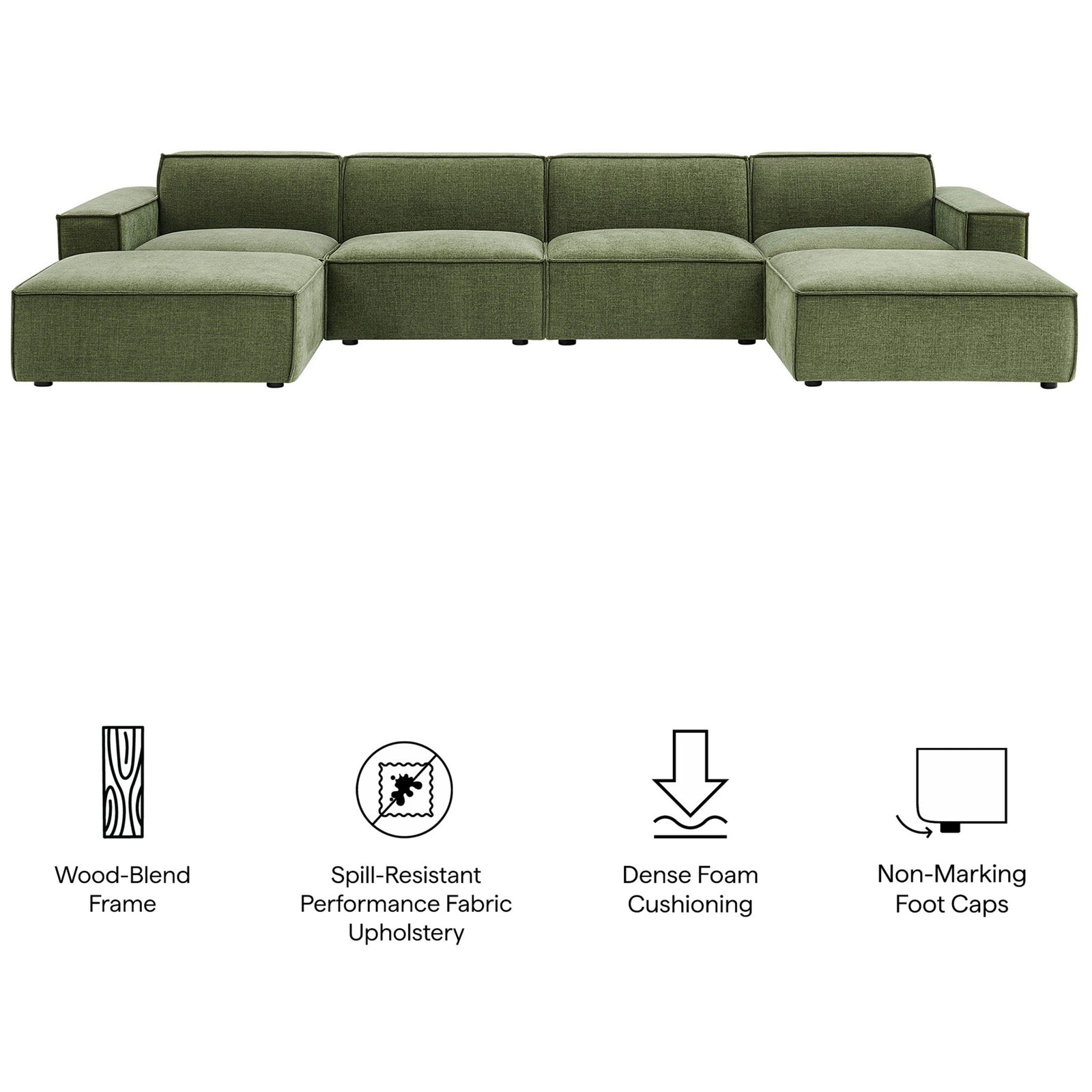 Restore foliage green modular sectional with icons highlighting performance fabric, dense foam, and non-marking feet || EEI-7417-FOL || callout_studio