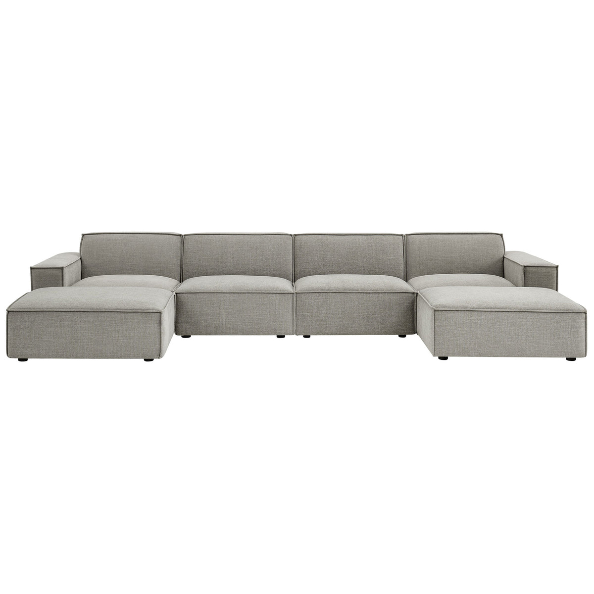 Low-profile pewter modular sectional sofa with deep seating and two ottomans for lounging || EEI-7417-PEW || front_studio