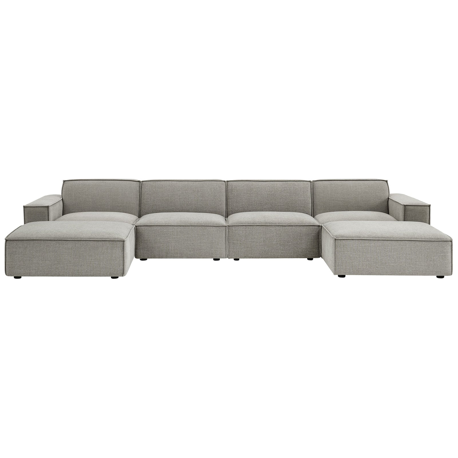 Low-profile pewter modular sectional sofa with deep seating and two ottomans for lounging || EEI-7417-PEW || front_studio