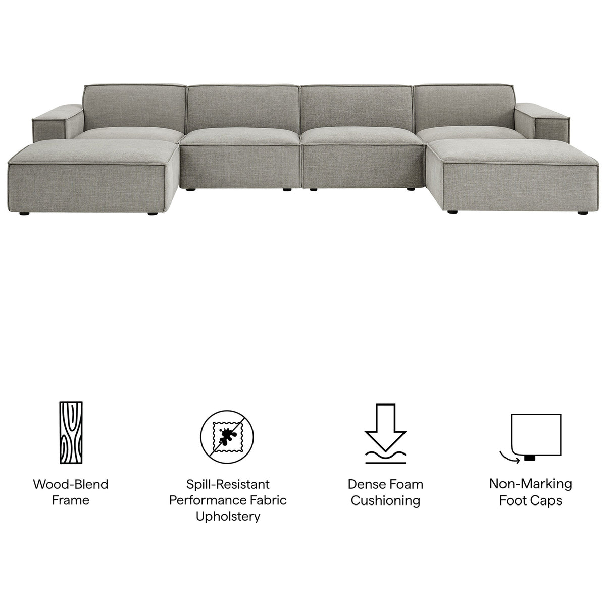 Pewter modular sectional showcasing wood-blend frame, spill-resistant fabric, dense cushions, and foot caps || EEI-7417-PEW || callout_studio
