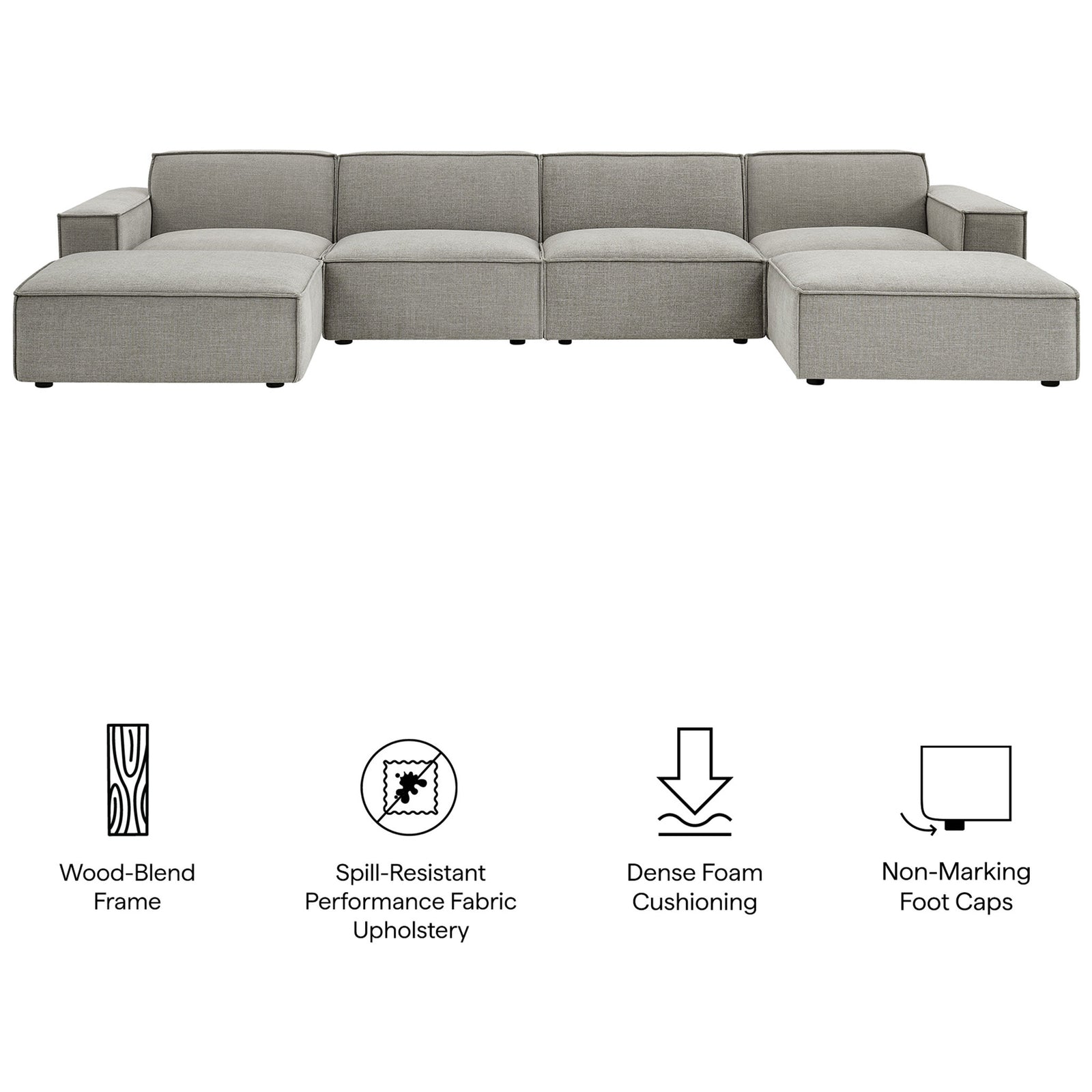 Pewter modular sectional showcasing wood-blend frame, spill-resistant fabric, dense cushions, and foot caps || EEI-7417-PEW || callout_studio