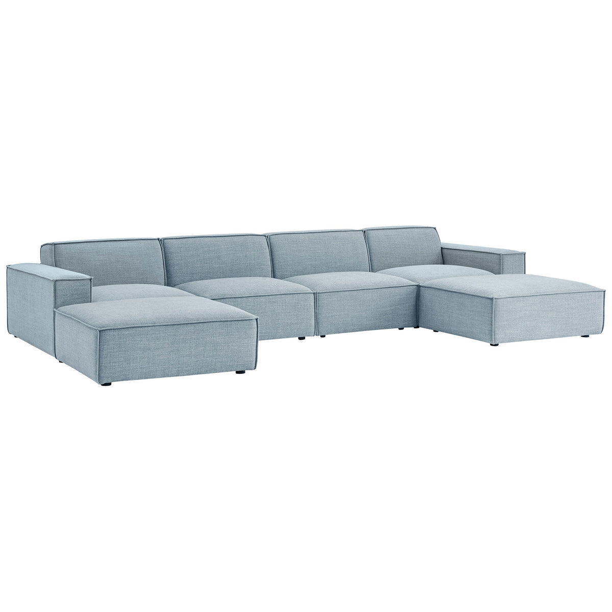 Versatile sky blue modular sectional with wide ottomans and deep cushions for lounging || EEI-7417-SKY || front_angle_studio