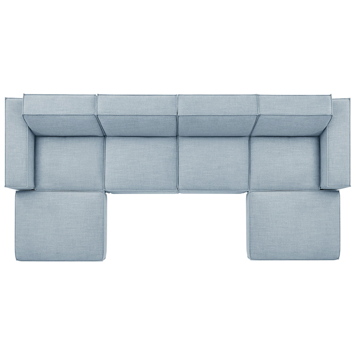 Sky blue modular sectional sofa arranged to show generous seating and coordinated ottoman layout || EEI-7417-SKY || top_studio