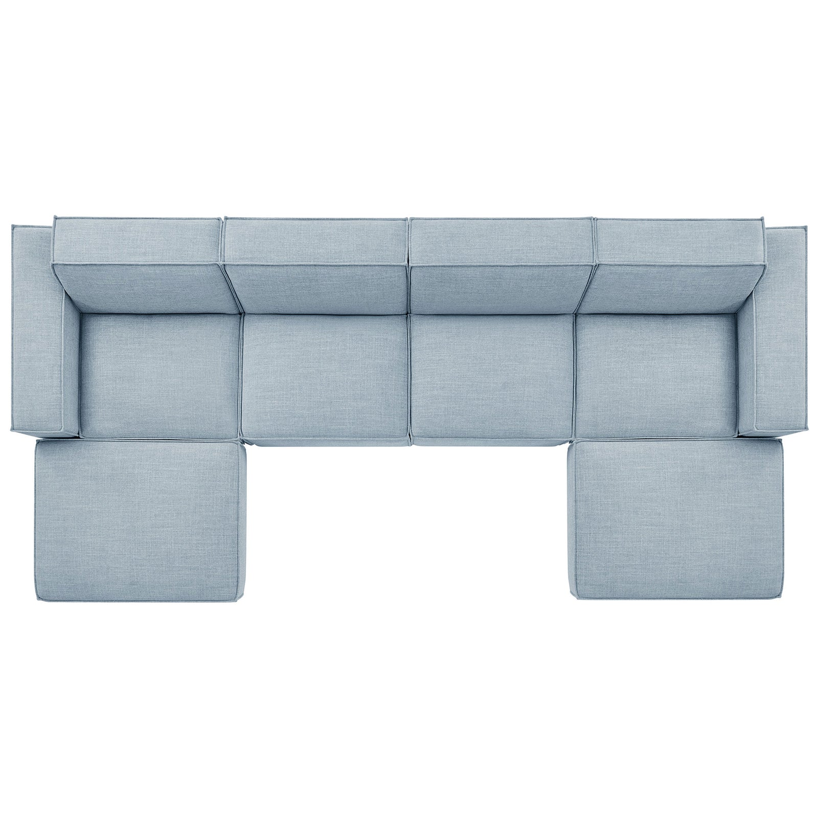 Sky blue modular sectional sofa arranged to show generous seating and coordinated ottoman layout || EEI-7417-SKY || top_studio