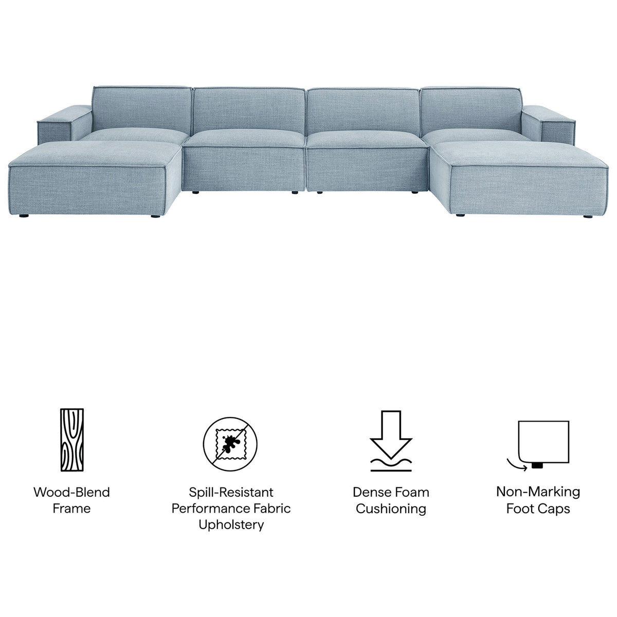 Feature callouts highlight wood-blend frame, spill-resistant fabric, dense foam, and floor-friendly feet || EEI-7417-SKY || callout_studio