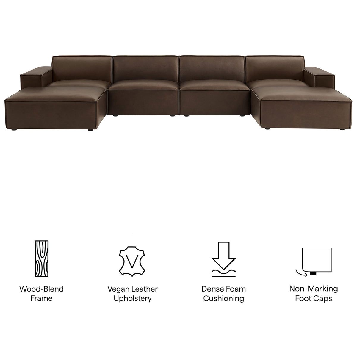 Espresso modular sectional sofa highlighting vegan leather, dense foam comfort, and floor-safe foot caps || EEI-7418-ESP || callout_studio