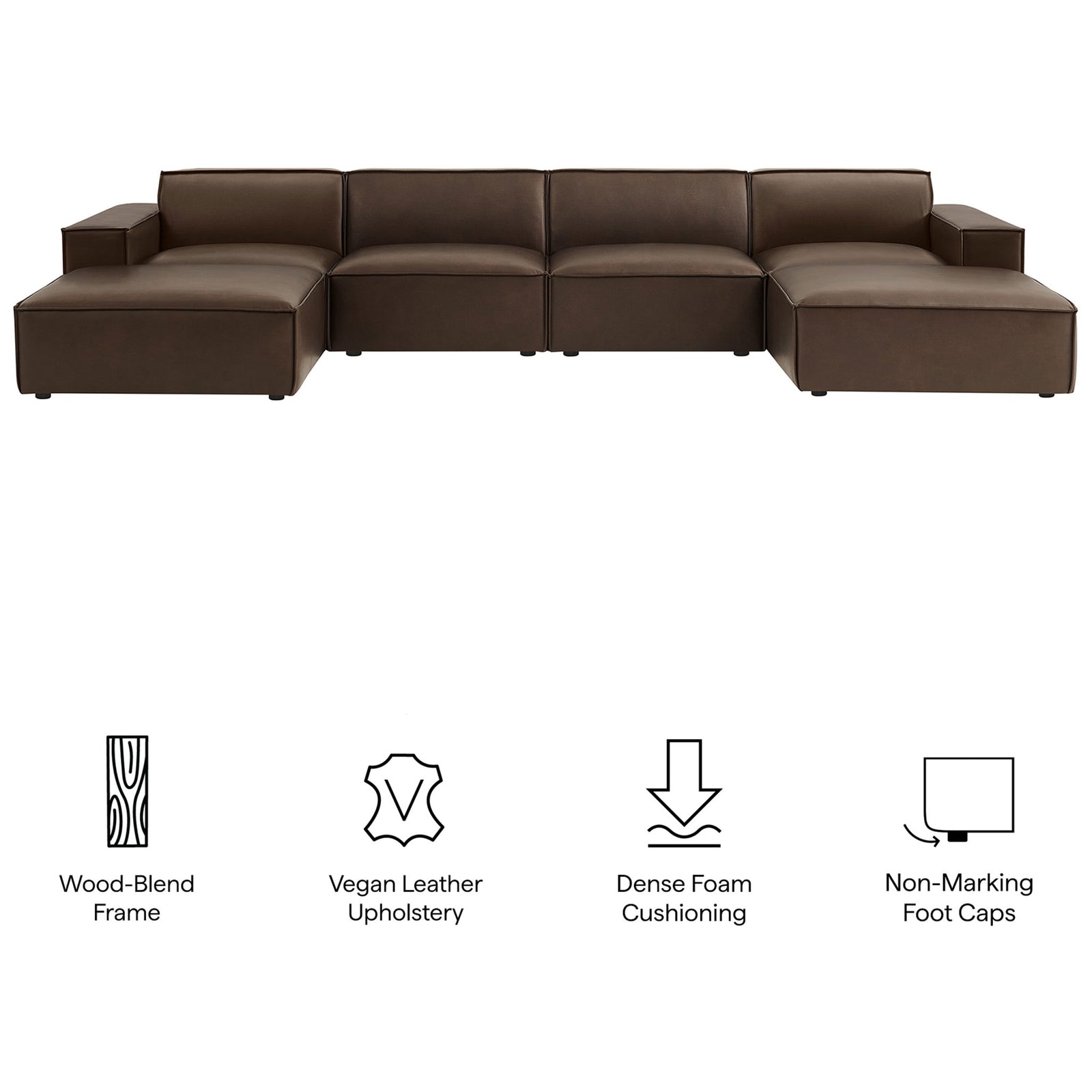 Espresso modular sectional sofa highlighting vegan leather, dense foam comfort, and floor-safe foot caps || EEI-7418-ESP || callout_studio