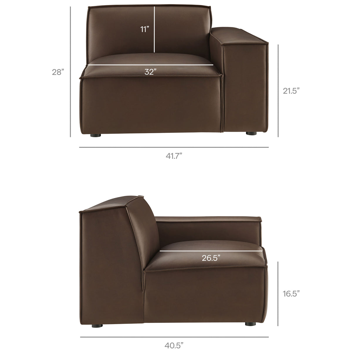 Right-arm modular lounge chair in espresso vegan leather with generous seat and back dimensions labeled || EEI-7418-ESP || dimension_studio