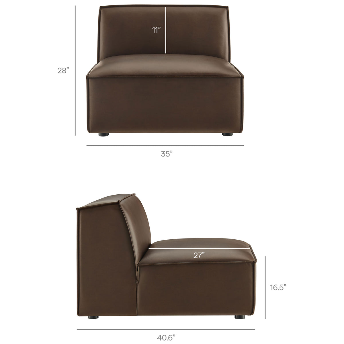 Armless modular chair in espresso vegan leather with deep seat and height measurements shown || EEI-7418-ESP || dimension_studio