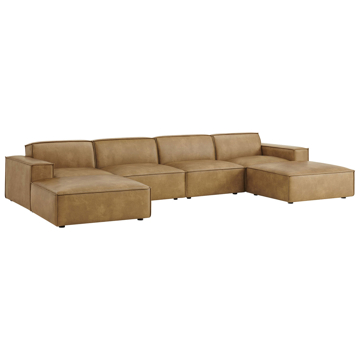 Spacious U-shaped Restore sectional in toast vegan leather with wide arms and generous lounge-ready chaise ends. || EEI-7418-TST || front_angle_studio