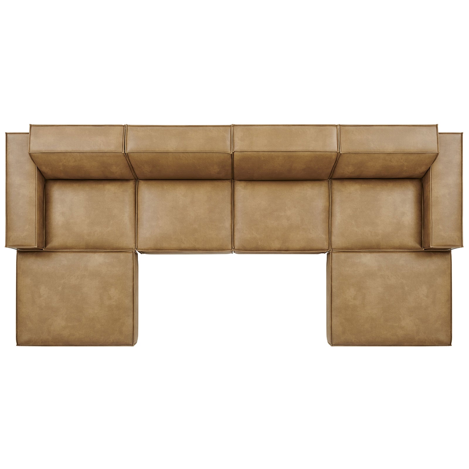 Six-piece Restore modular sectional layout highlighting two ottomans and four back cushions in a balanced design. || EEI-7418-TST || top_studio
