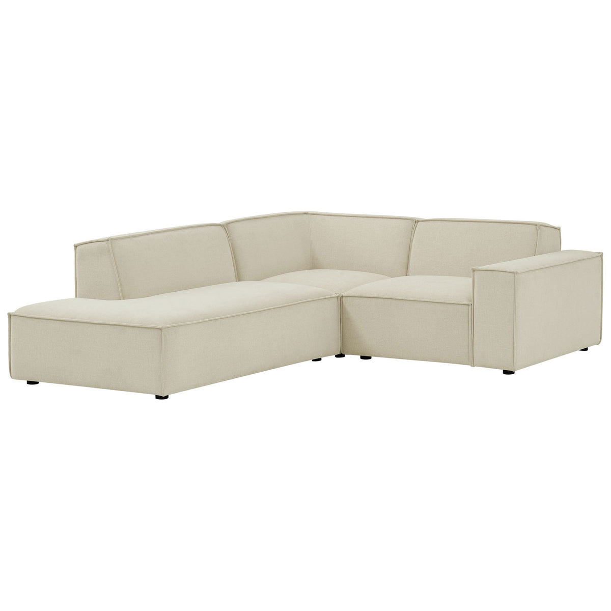 Low-profile ecru modular sectional with broad track arms and generous chaise for relaxed lounging || EEI-7419-ECR || front_angle_studio