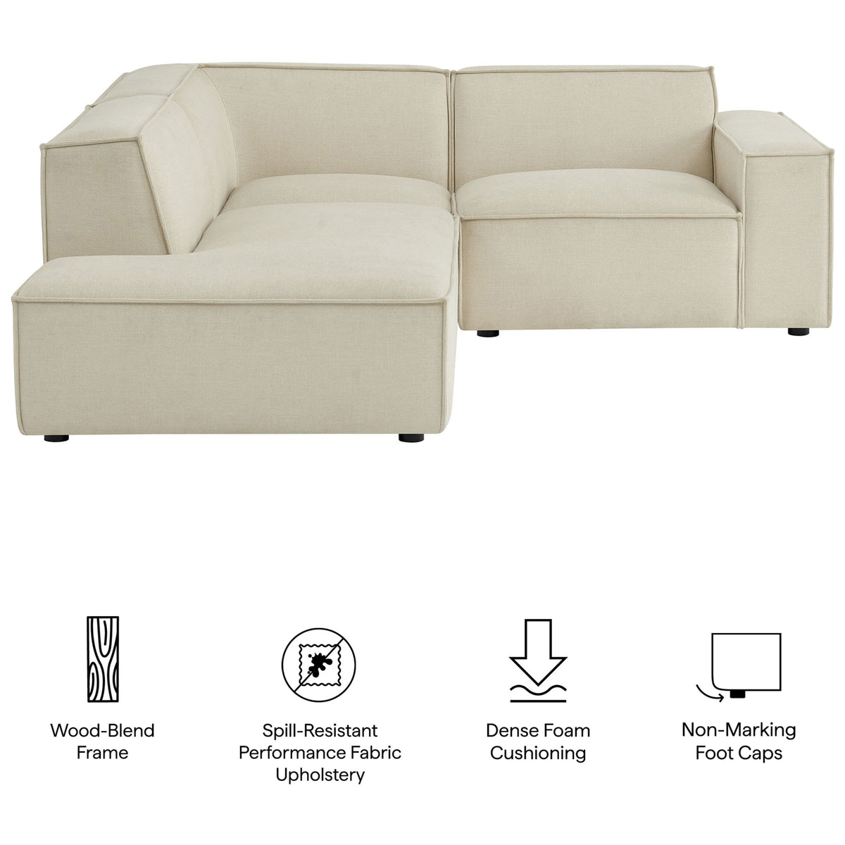 Sectional sofa showcasing wood-blend frame, spill-resistant upholstery, dense foam support, and floor-safe feet || EEI-7419-ECR || callout_studio
