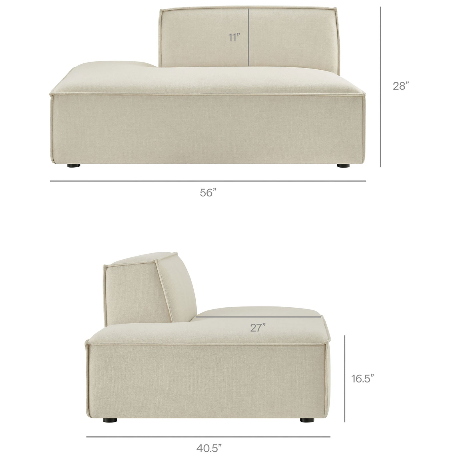 Dimensions of the chaise lounge module detailing seat depth, height, and overall length || EEI-7419-ECR || dimension_studio