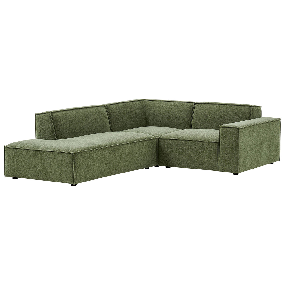 Compact foliage-green modular sectional with chaise for small living spaces, upholstered in performance fabric || EEI-7419-FOL || front_angle_studio