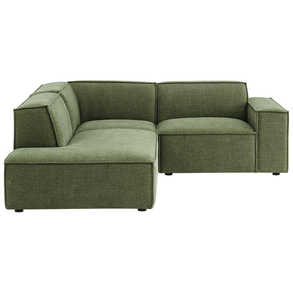 Green L-shaped modular sectional sofa with chaise, deep lounge seating, and crisp French-piped edges || EEI-7419-FOL || front_studio