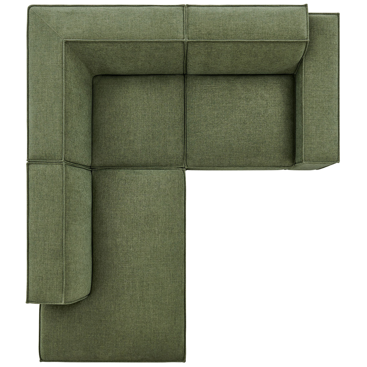 Modular L-shaped sectional in foliage green with generous chaise and corner seating creating a cozy lounge zone || EEI-7419-FOL || top_studio
