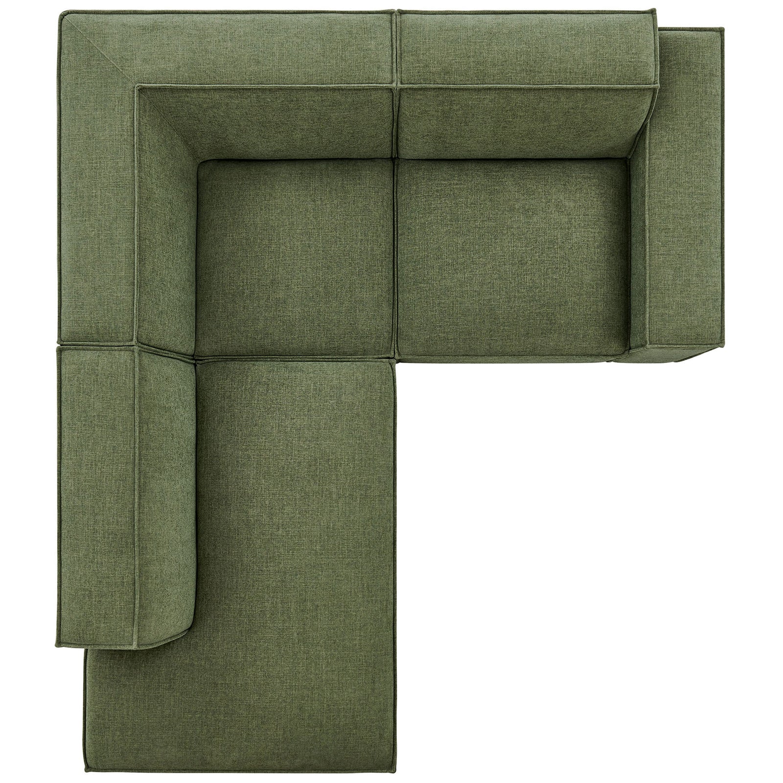 Modular L-shaped sectional in foliage green with generous chaise and corner seating creating a cozy lounge zone || EEI-7419-FOL || top_studio